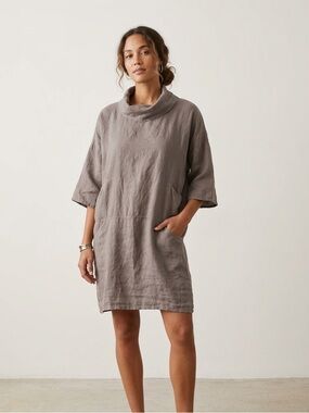 Relaxed Taupe Linen Tunic Dress w Pockets